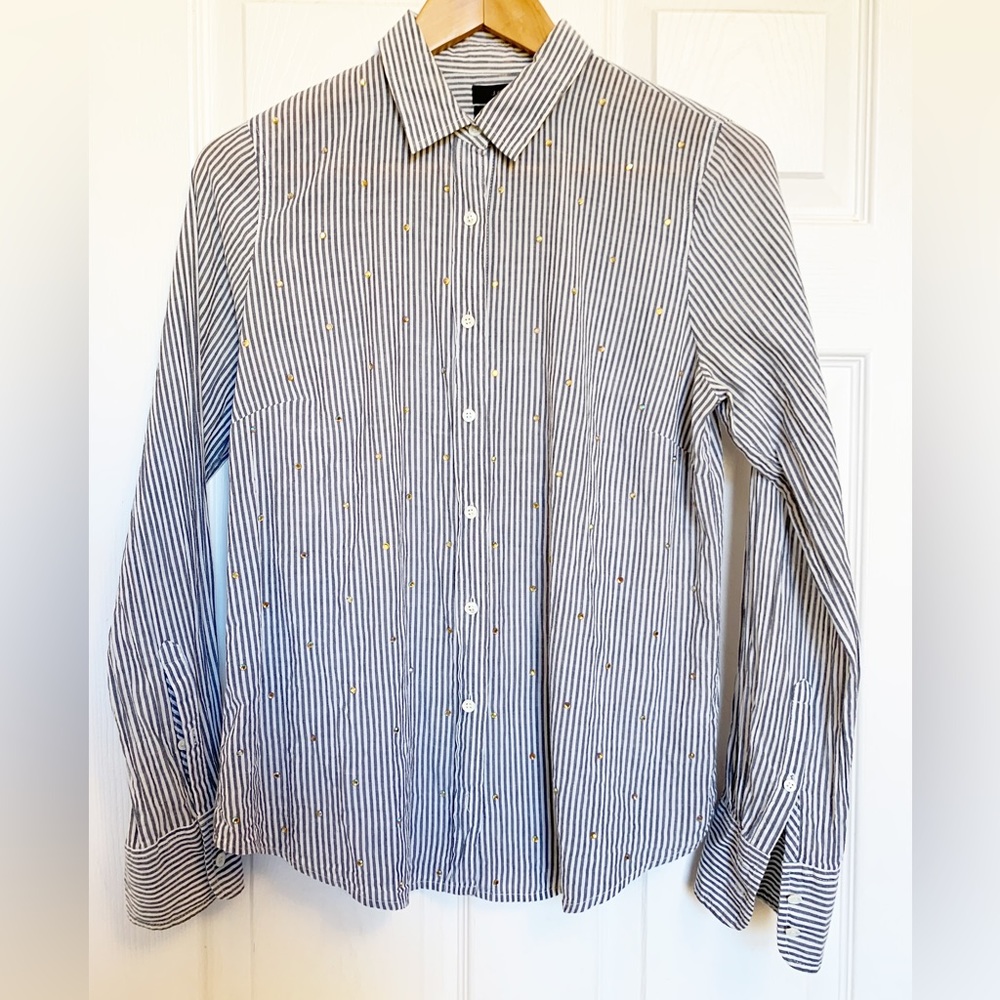J Crew Perfect Button Down Shirt Stripes with Rhinestones Size Small